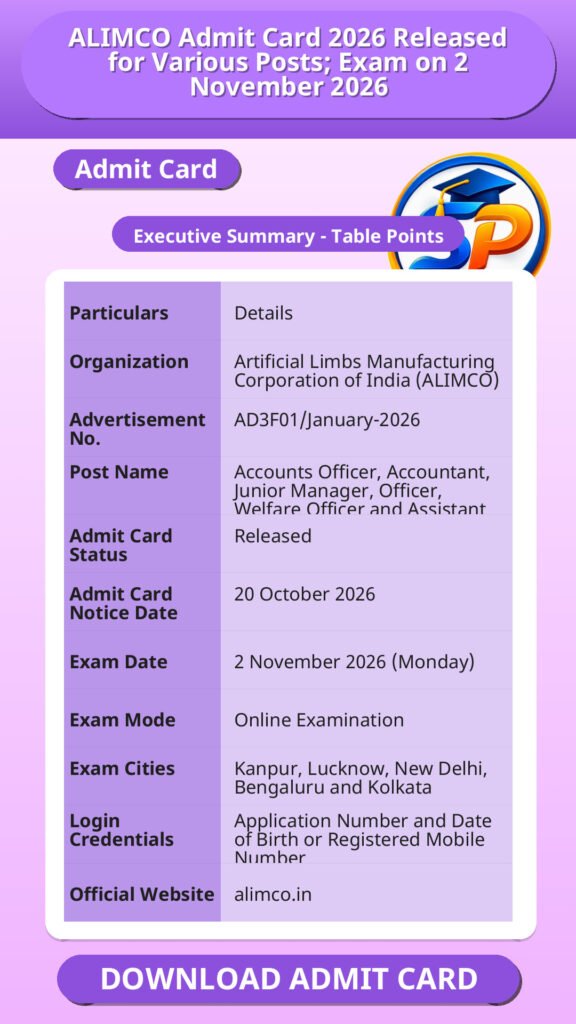 ALIMCO Admit Card 2026 Released for Various Posts; Exam on 2 November 2026