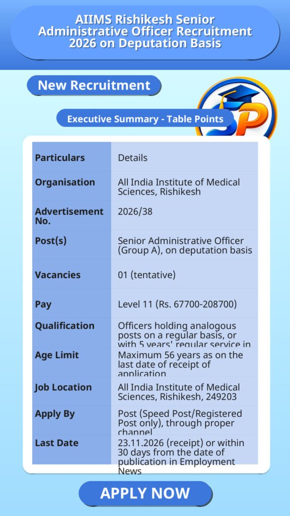 AIIMS Rishikesh Senior Administrative Officer Recruitment 2026 on Deputation Basis