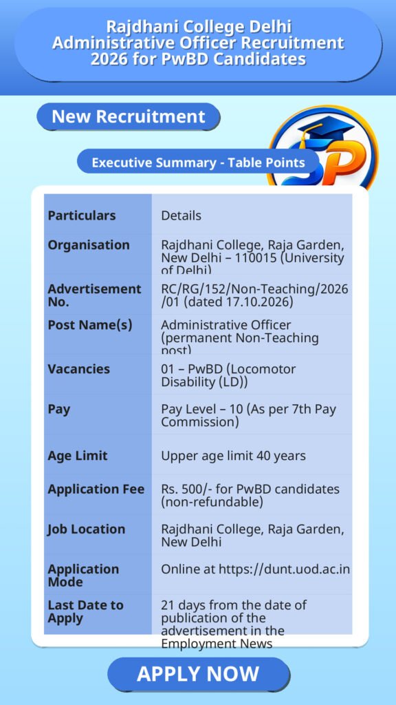 Rajdhani College Delhi Administrative Officer Recruitment 2026 for PwBD Candidates
