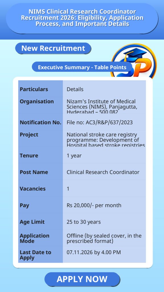 NIMS Clinical Research Coordinator Recruitment 2026: Eligibility, Application Process, and Important Details