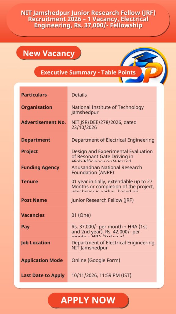 NIT Jamshedpur Junior Research Fellow (JRF) Recruitment 2026 – 1 Vacancy, Electrical Engineering, Rs. 37,000/- Fellowship