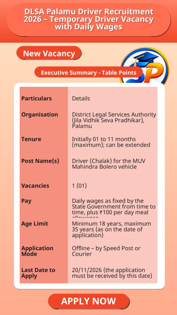 DLSA Palamu Driver Recruitment 2026 – Temporary Driver Vacancy with Daily Wages