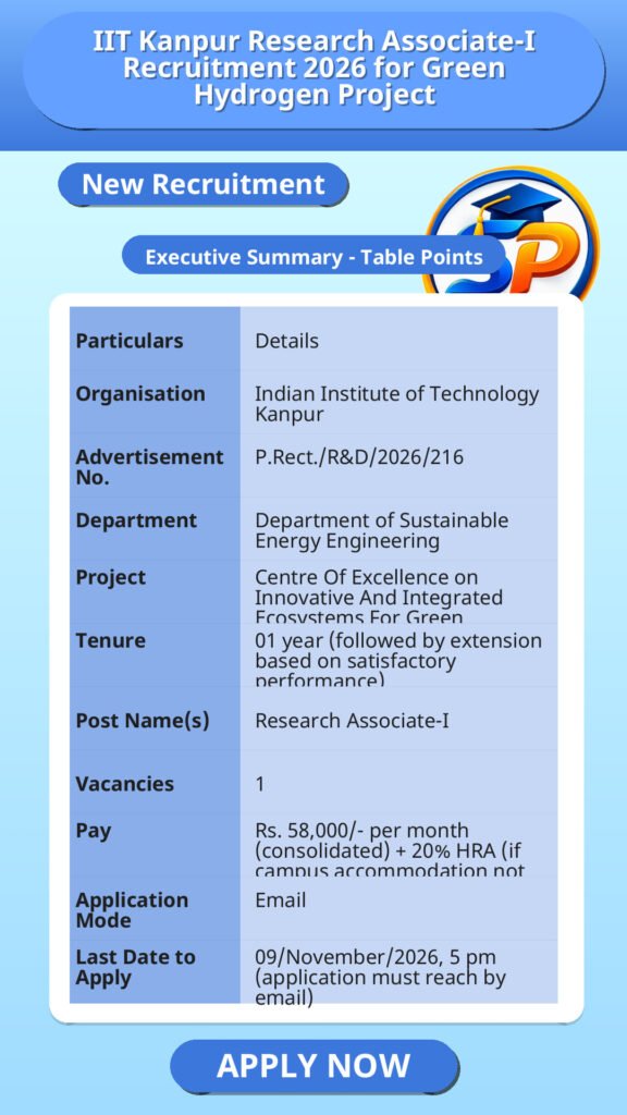 IIT Kanpur Research Associate-I Recruitment 2026 for Green Hydrogen Project