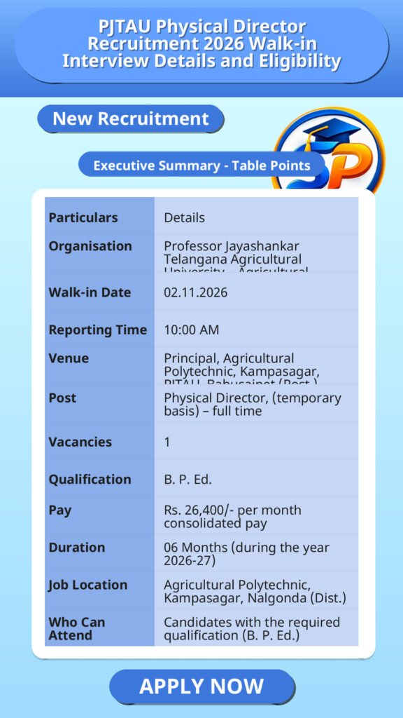 PJTAU Physical Director Recruitment 2026 Walk-in Interview Details and Eligibility
