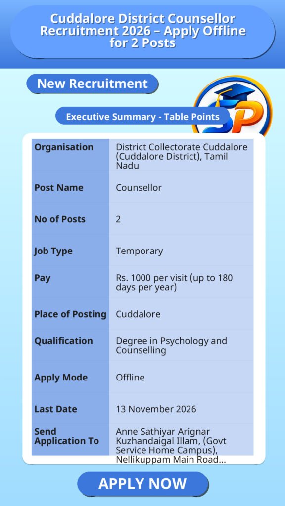 Cuddalore District Counsellor Recruitment 2026 – Apply Offline for 2 Posts