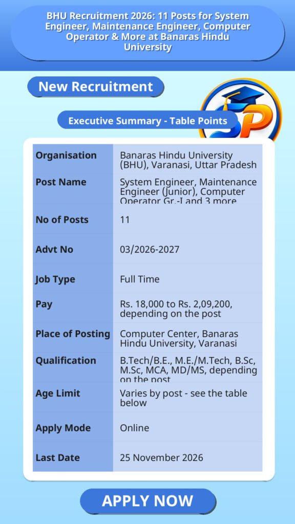 BHU Recruitment 2026: 11 Posts for System Engineer, Maintenance Engineer, Computer Operator & More at Banaras Hindu University