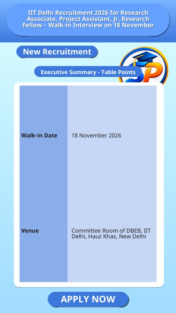IIT Delhi Recruitment 2026 for Research Associate, Project Assistant, Jr. Research Fellow – Walk-in Interview on 18 November