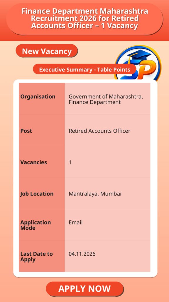 Finance Department Maharashtra Recruitment 2026 for Retired Accounts Officer – 1 Vacancy