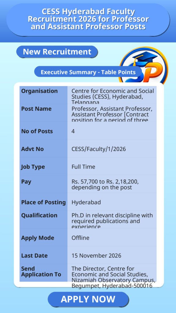 CESS Hyderabad Faculty Recruitment 2026 for Professor and Assistant Professor Posts