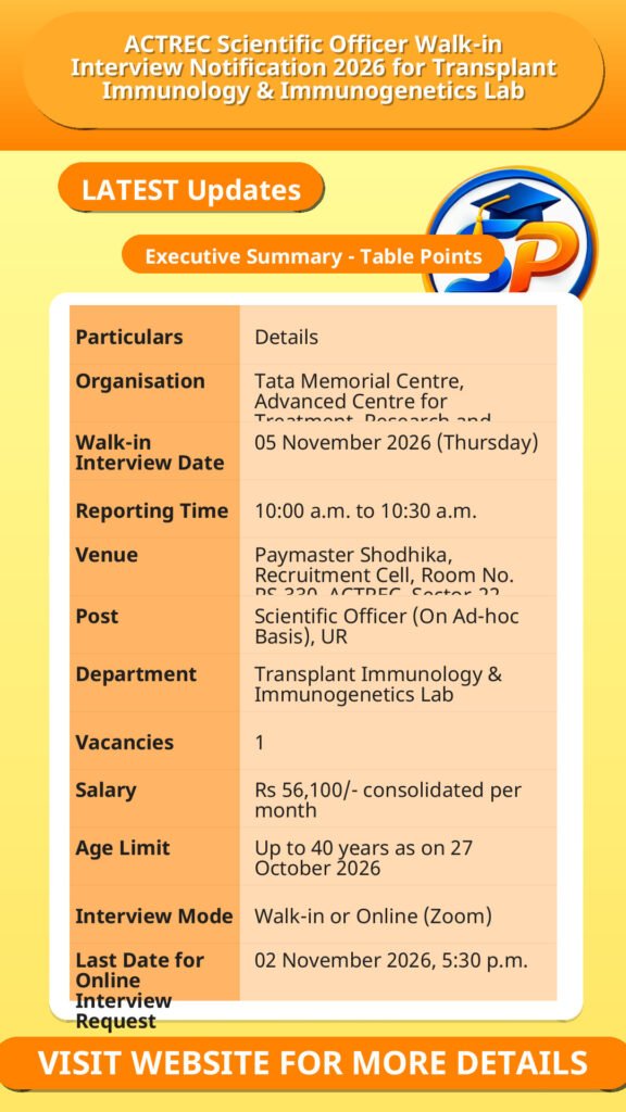ACTREC Scientific Officer Walk-in Interview Notification 2026 for Transplant Immunology & Immunogenetics Lab