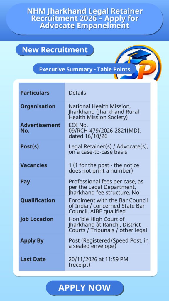 NHM Jharkhand Legal Retainer Recruitment 2026 – Apply for Advocate Empanelment