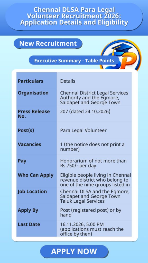 Chennai DLSA Para Legal Volunteer Recruitment 2026: Application Details and Eligibility