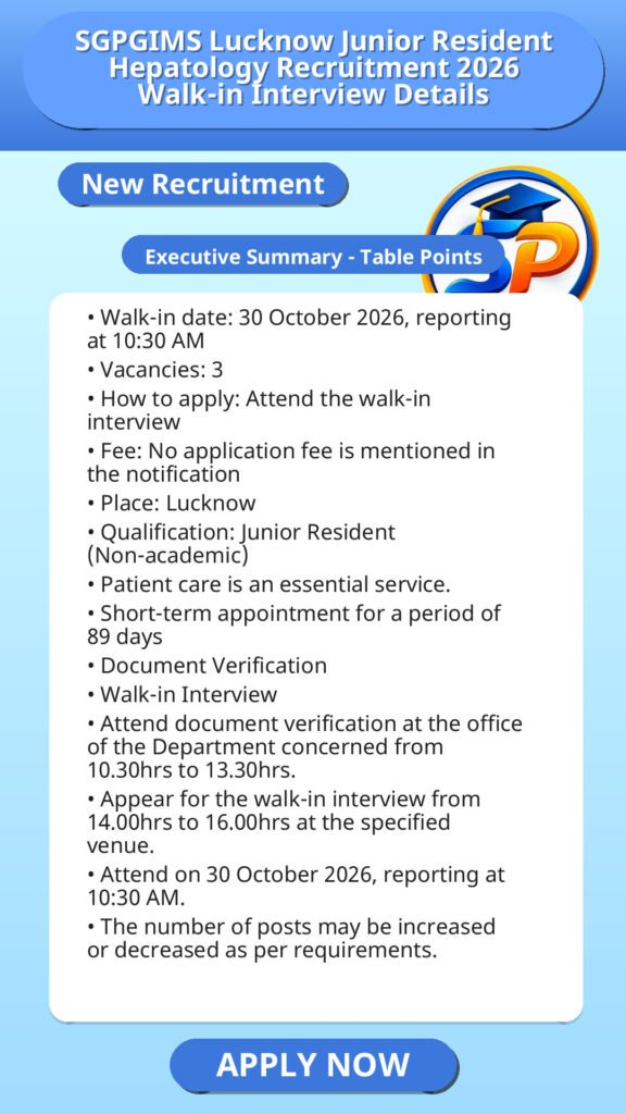 SGPGIMS Lucknow Junior Resident Hepatology Recruitment 2026 Walk-in Interview Details