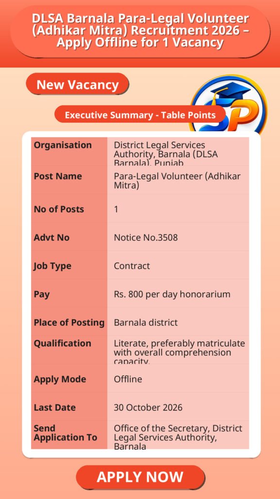 DLSA Barnala Para-Legal Volunteer (Adhikar Mitra) Recruitment 2026 – Apply Offline for 1 Vacancy