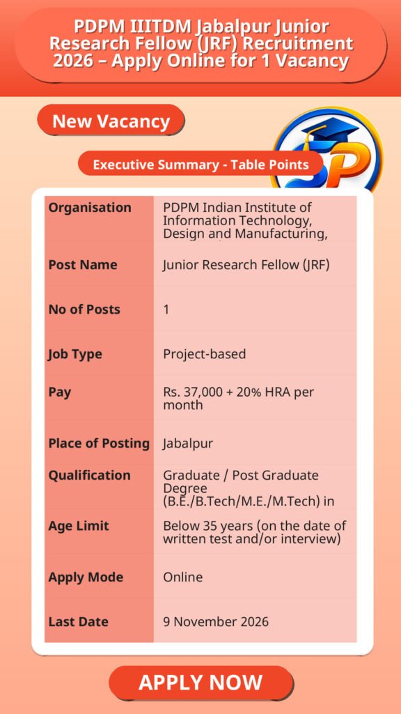 PDPM IIITDM Jabalpur Junior Research Fellow (JRF) Recruitment 2026 – Apply Online for 1 Vacancy