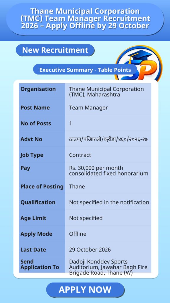 Thane Municipal Corporation (TMC) Team Manager Recruitment 2026 – Apply Offline by 29 October