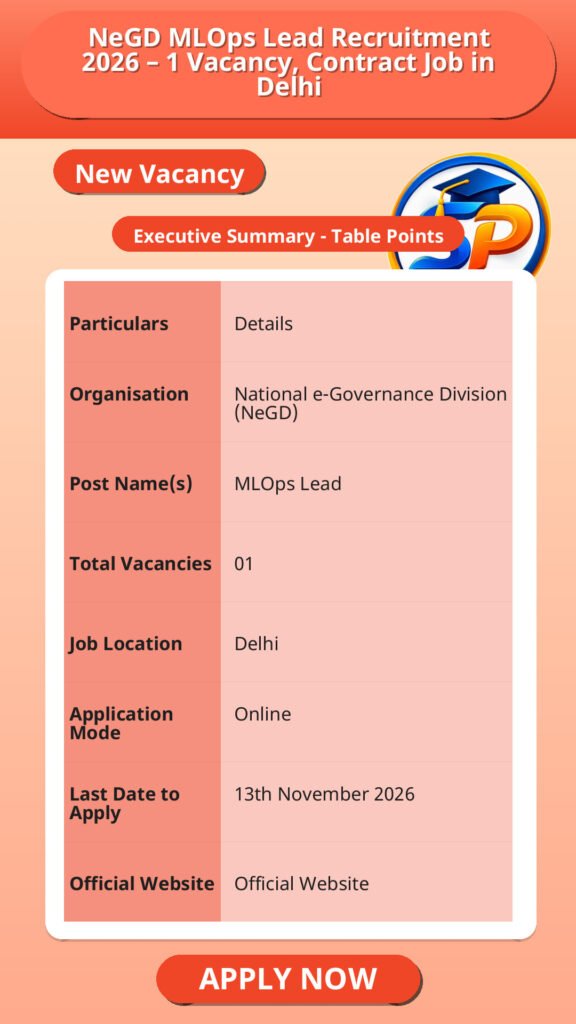NeGD MLOps Lead Recruitment 2026 – 1 Vacancy, Contract Job in Delhi