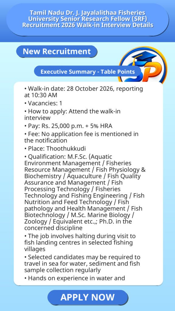 Tamil Nadu Dr. J. Jayalalithaa Fisheries University Senior Research Fellow (SRF) Recruitment 2026 Walk-in Interview Details