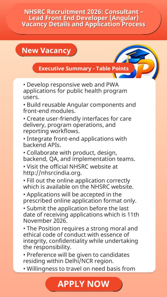 NHSRC Recruitment 2026: Consultant – Lead Front End Developer (Angular) Vacancy Details and Application Process