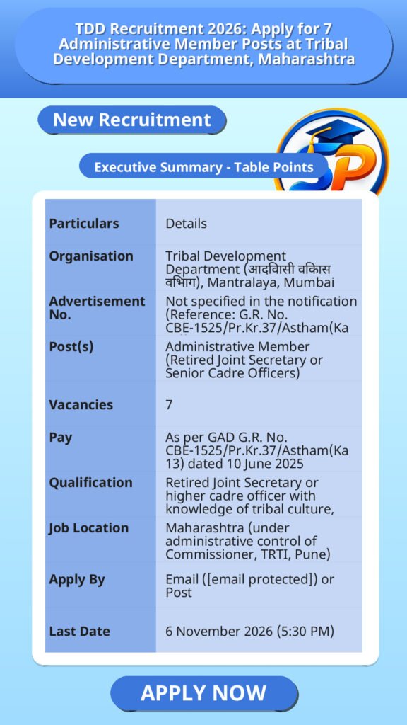 TDD Recruitment 2026: Apply for 7 Administrative Member Posts at Tribal Development Department, Maharashtra