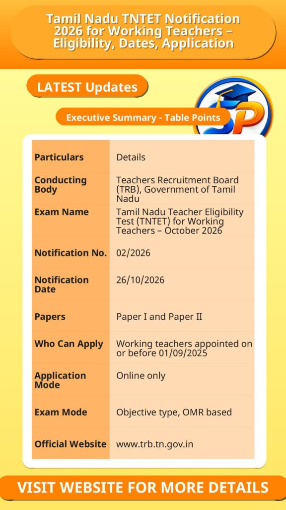 Tamil Nadu TNTET Notification 2026 for Working Teachers – Eligibility, Dates, Application
