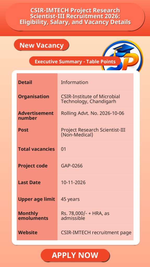 CSIR-IMTECH Project Research Scientist-III Recruitment 2026: Eligibility, Salary, and Vacancy Details