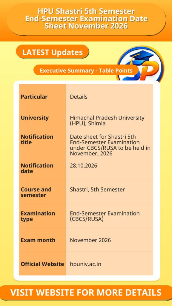 HPU Shastri 5th Semester End-Semester Examination Date Sheet November 2026