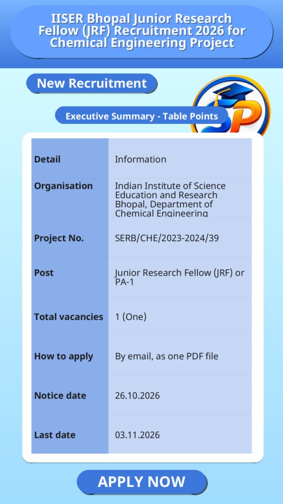 IISER Bhopal Junior Research Fellow (JRF) Recruitment 2026 for Chemical Engineering Project