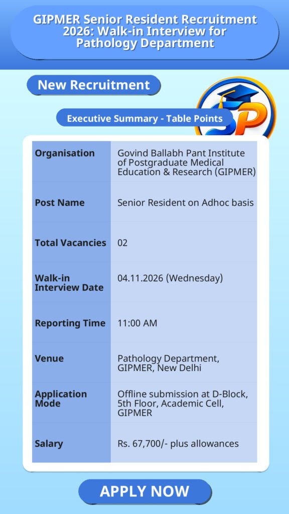 GIPMER Senior Resident Recruitment 2026: Walk-in Interview for Pathology Department