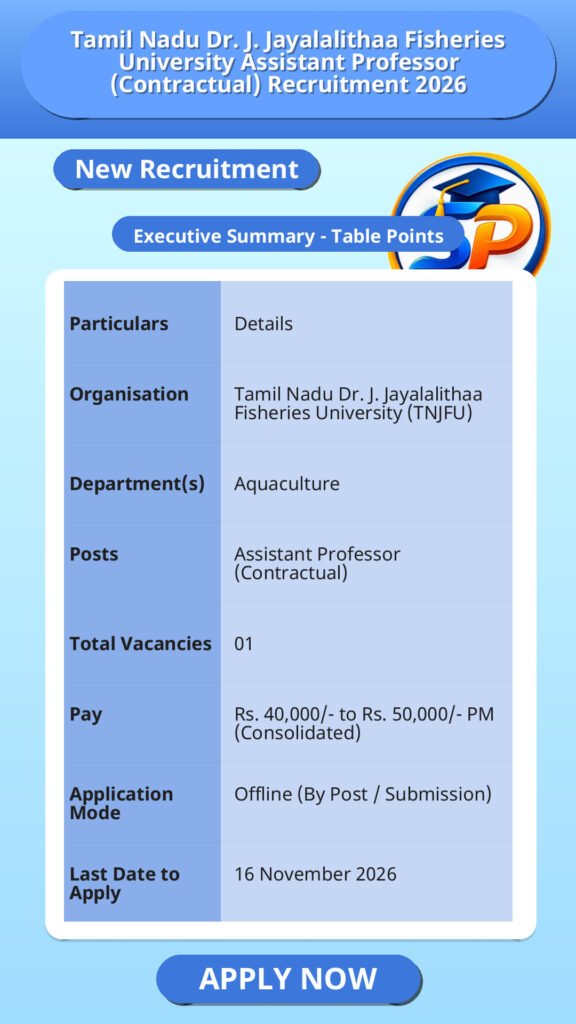 Tamil Nadu Dr. J. Jayalalithaa Fisheries University Assistant Professor (Contractual) Recruitment 2026
