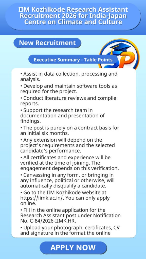 IIM Kozhikode Research Assistant Recruitment 2026 for India-Japan Centre on Climate and Culture