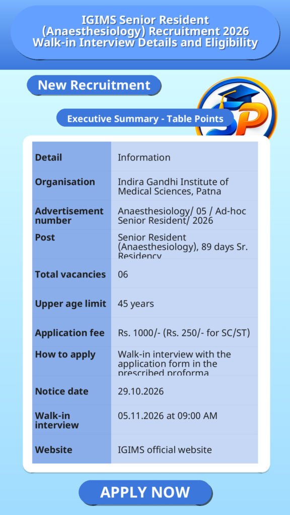 IGIMS Senior Resident (Anaesthesiology) Recruitment 2026 Walk-in Interview Details and Eligibility