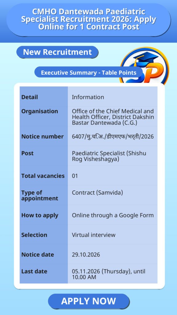 CMHO Dantewada Paediatric Specialist Recruitment 2026: Apply Online for 1 Contract Post