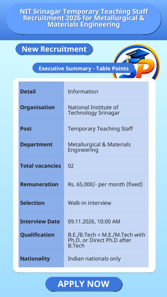 NIT Srinagar Temporary Teaching Staff Recruitment 2026 for Metallurgical & Materials Engineering