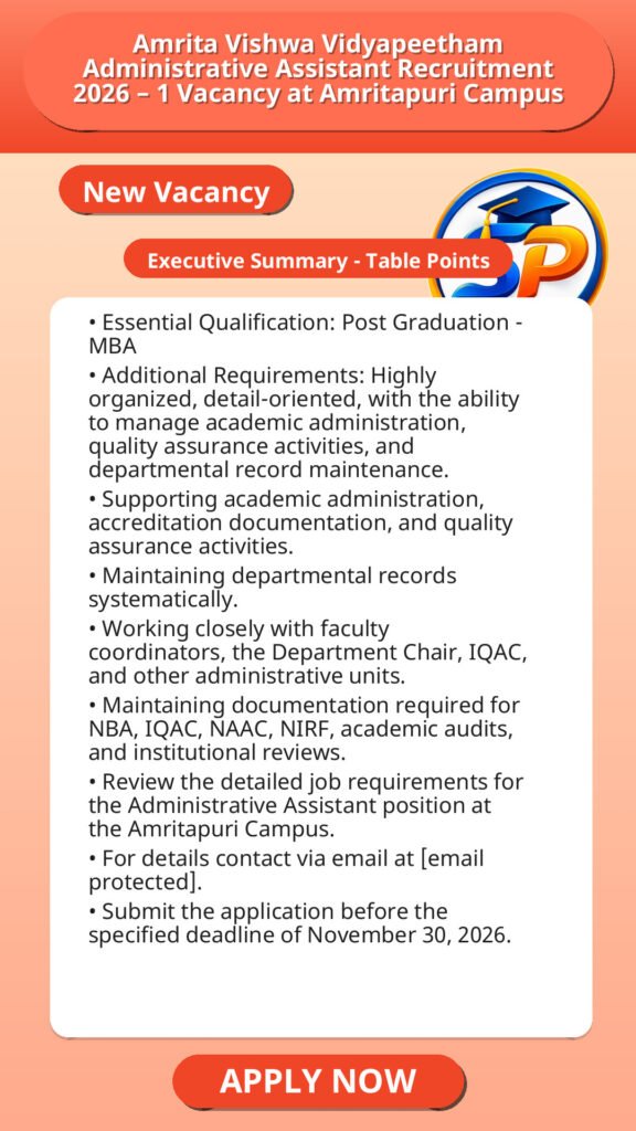 Amrita Vishwa Vidyapeetham Administrative Assistant Recruitment 2026 – 1 Vacancy at Amritapuri Campus