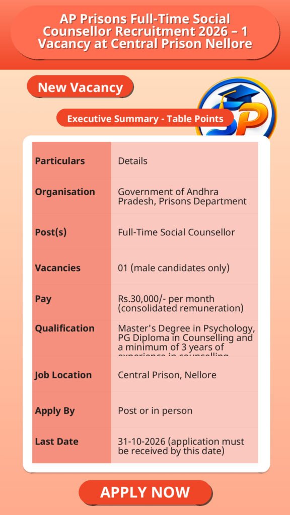 AP Prisons Full-Time Social Counsellor Recruitment 2026 – 1 Vacancy at Central Prison Nellore