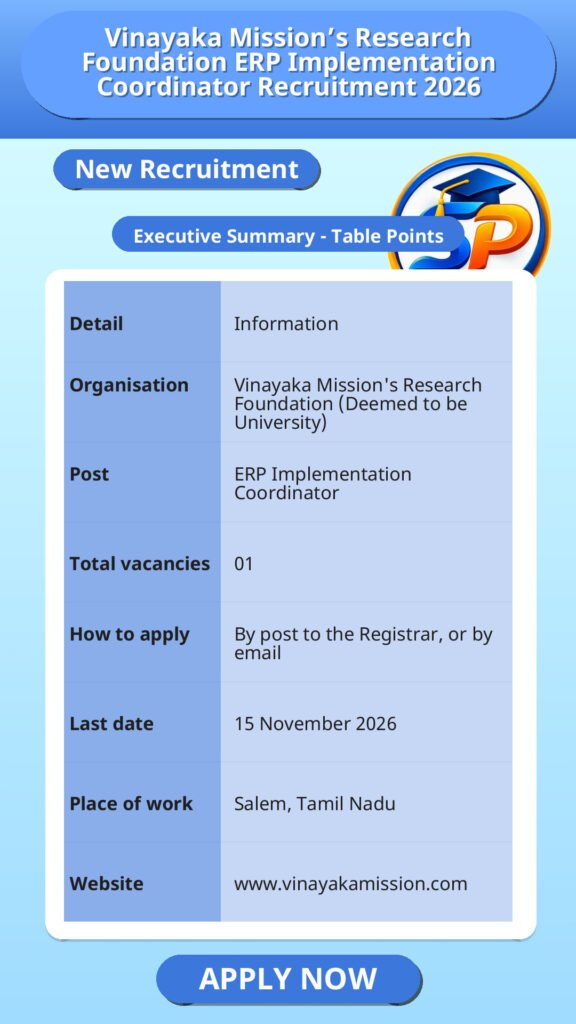Vinayaka Mission’s Research Foundation ERP Implementation Coordinator Recruitment 2026