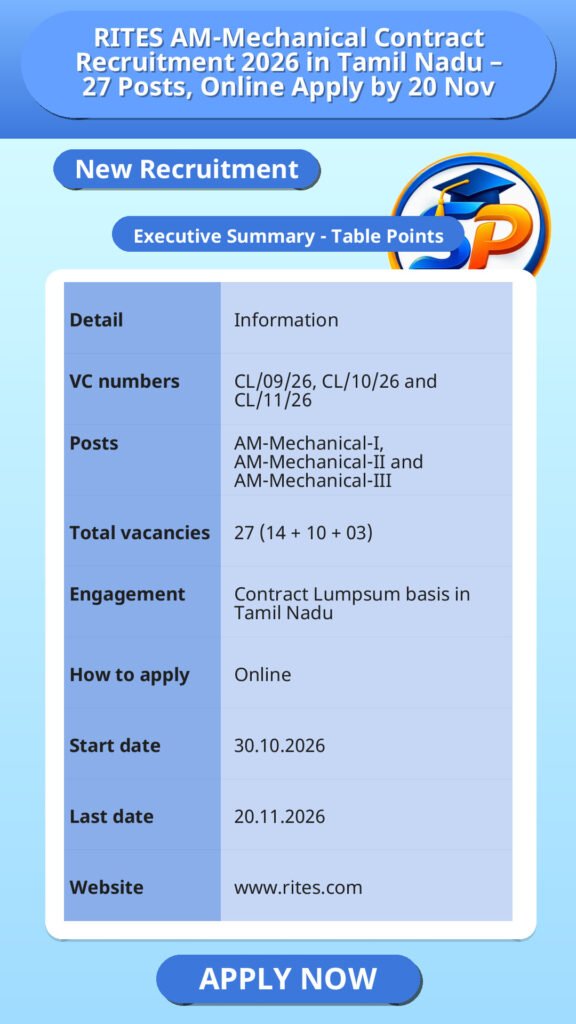 RITES AM-Mechanical Contract Recruitment 2026 in Tamil Nadu – 27 Posts, Online Apply by 20 Nov