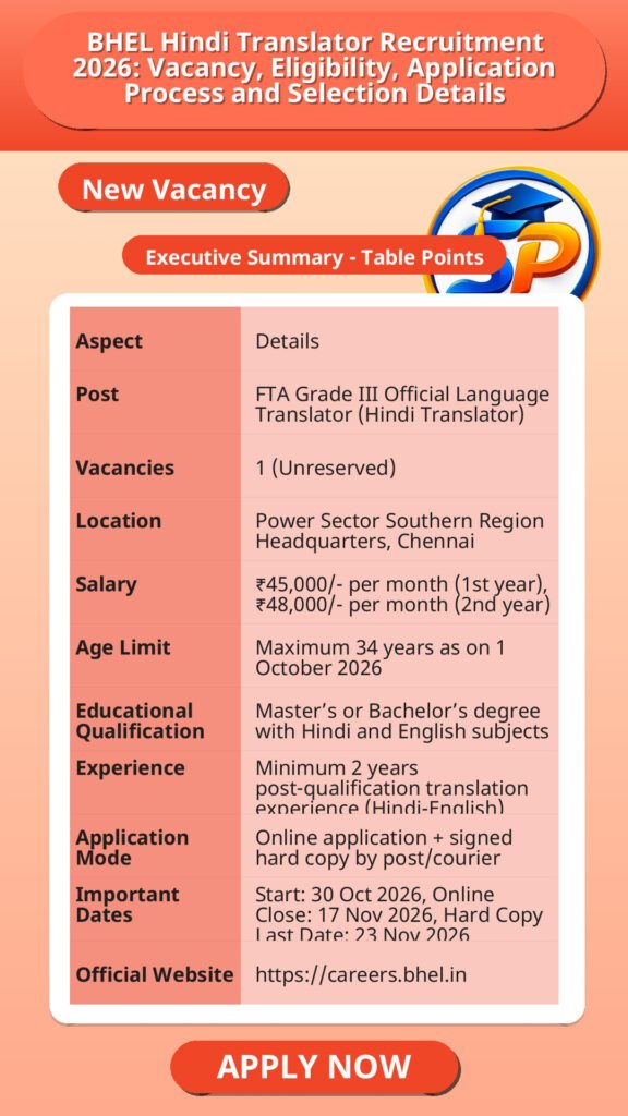 BHEL Hindi Translator Recruitment 2026: Vacancy, Eligibility, Application Process and Selection Details