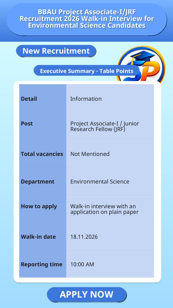 BBAU Project Associate-I/JRF Recruitment 2026 Walk-in Interview for Environmental Science Candidates