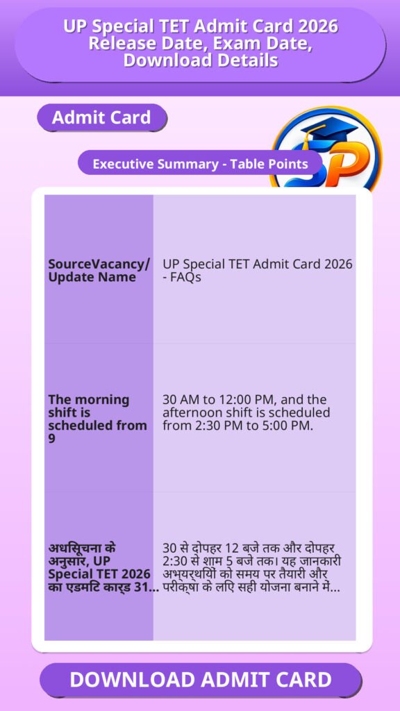 UP Special TET Admit Card 2026 Release Date, Exam Date, Download Details