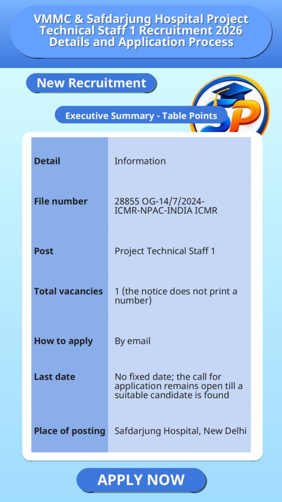VMMC & Safdarjung Hospital Project Technical Staff 1 Recruitment 2026 Details and Application Process