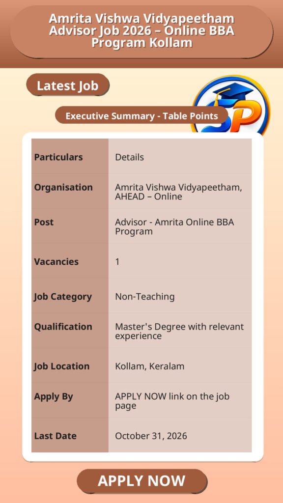 Amrita Vishwa Vidyapeetham Advisor Job 2026 – Online BBA Program Kollam
