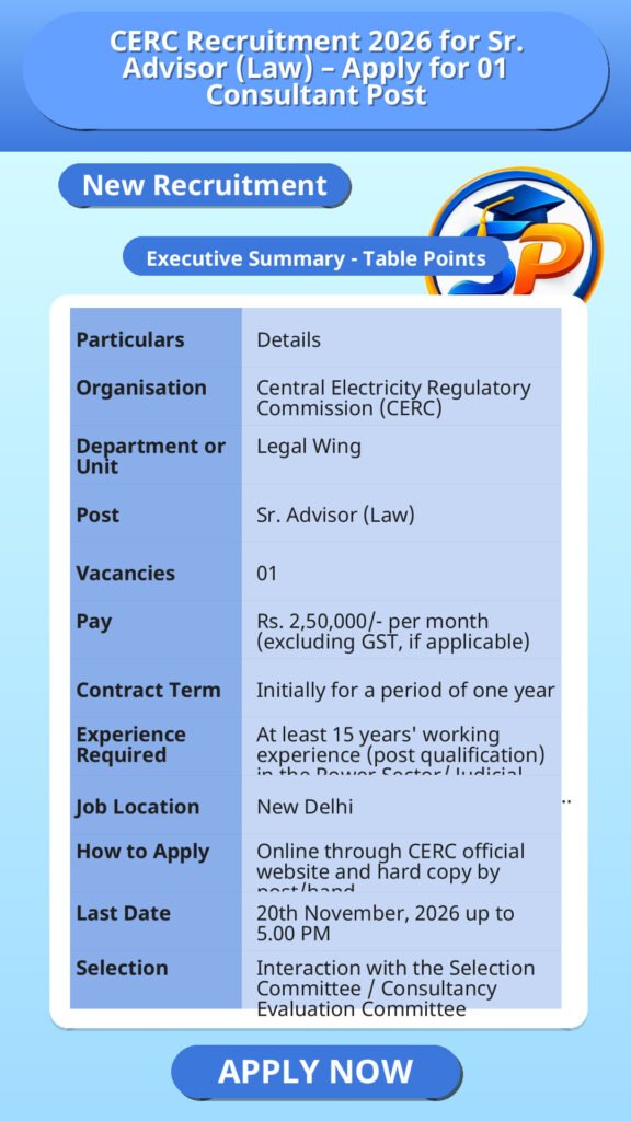 CERC Recruitment 2026 for Sr. Advisor (Law) – Apply for 01 Consultant Post