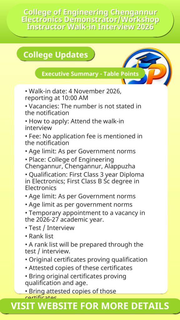 College of Engineering Chengannur Electronics Demonstrator/Workshop Instructor Walk-in Interview 2026