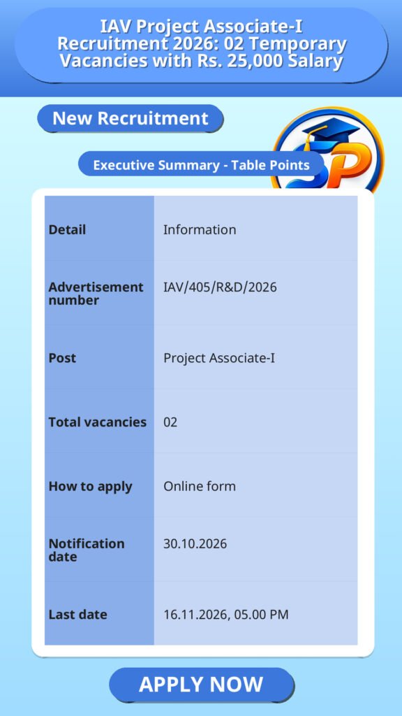 IAV Project Associate-I Recruitment 2026: 02 Temporary Vacancies with Rs. 25,000 Salary