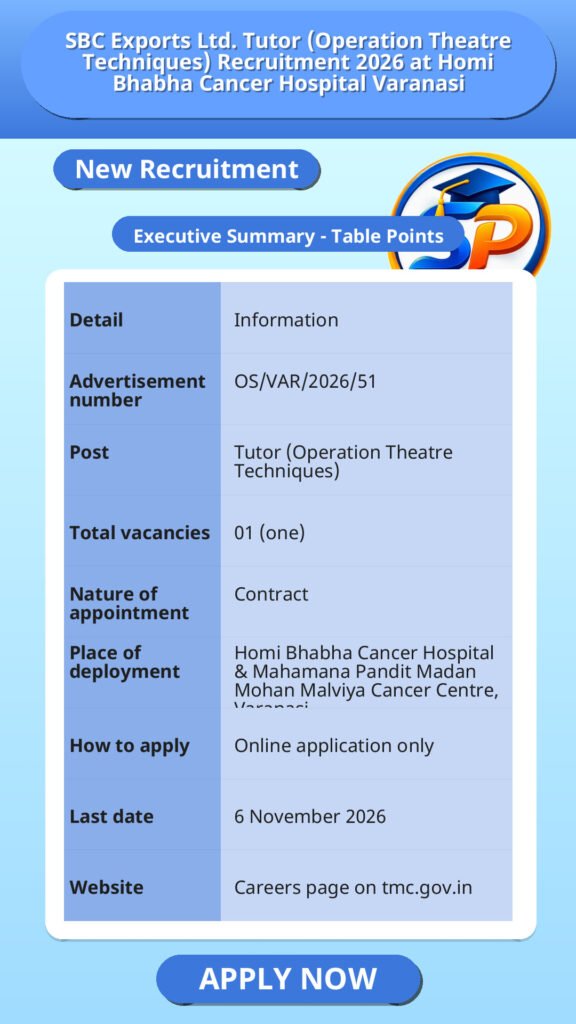 SBC Exports Ltd. Tutor (Operation Theatre Techniques) Recruitment 2026 at Homi Bhabha Cancer Hospital Varanasi