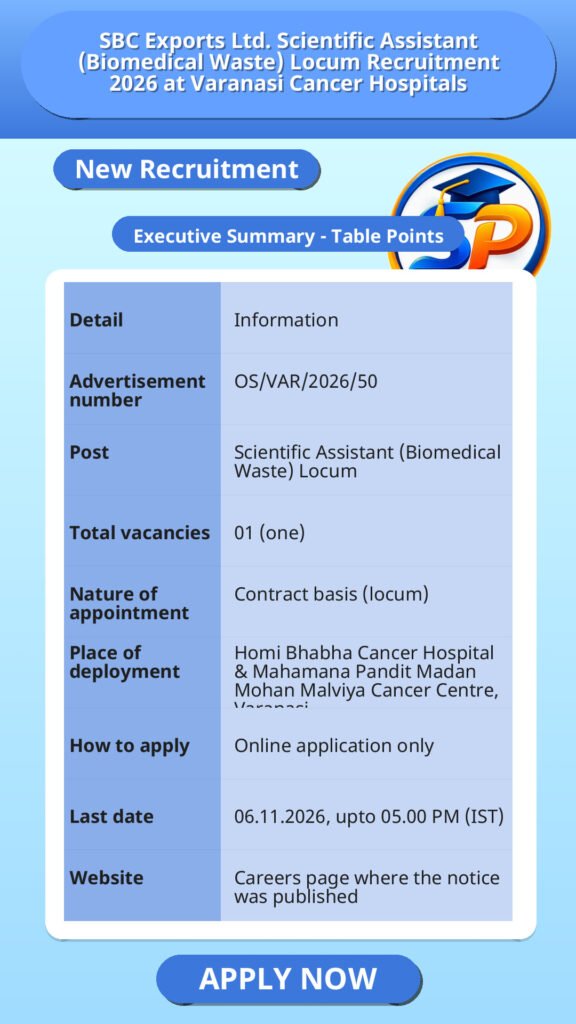SBC Exports Ltd. Scientific Assistant (Biomedical Waste) Locum Recruitment 2026 at Varanasi Cancer Hospitals