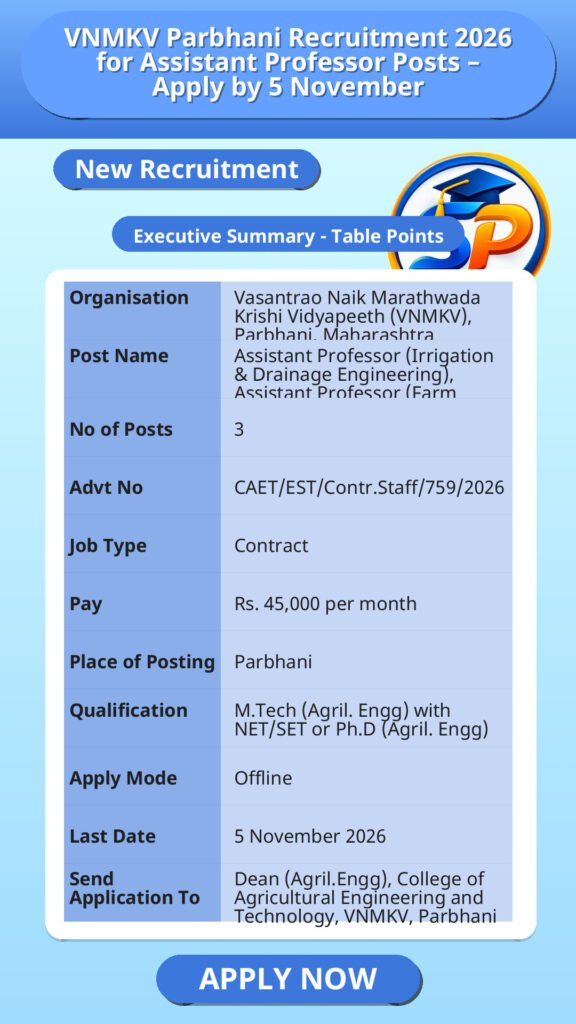 VNMKV Parbhani Recruitment 2026 for Assistant Professor Posts – Apply by 5 November