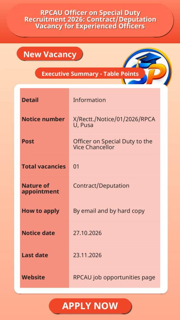 RPCAU Officer on Special Duty Recruitment 2026: Contract/Deputation Vacancy for Experienced Officers